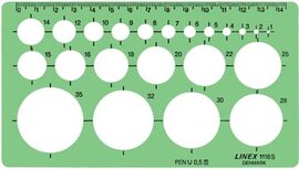 Linex cirkelsjabloon 1 - 35 mm, met 22 cirkels en uitlijnmarkering Linex cirkelsjabloon 1 - 35 mm, met 22 cirkels en uitlijnmarkering