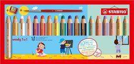STABILO woody 3in1 kleurpotlood, etui van 18 stuks in geassorteerde kleuren + slijper + penseel STABILO woody 3in1 kleurpotlood, etui van 18 stuks in geassorteerde kleuren + slijper + penseel