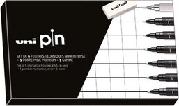 Uni Pin fineliner, ronde punt, zwart, doos van 6 stiften + vulpotlood en gom Uni Pin fineliner, ronde punt, zwart, doos van 6 stiften + vulpotlood en gom