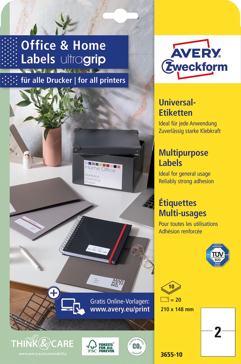 Avery Zweckform universele etiketten, 210 x 148 mm, wit, permanent klevend, 20 etiketten, 10 vellen