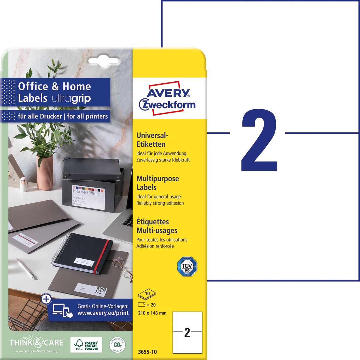 Avery Zweckform universele etiketten, 210 x 148 mm, wit, permanent klevend, 20 etiketten, 10 vellen