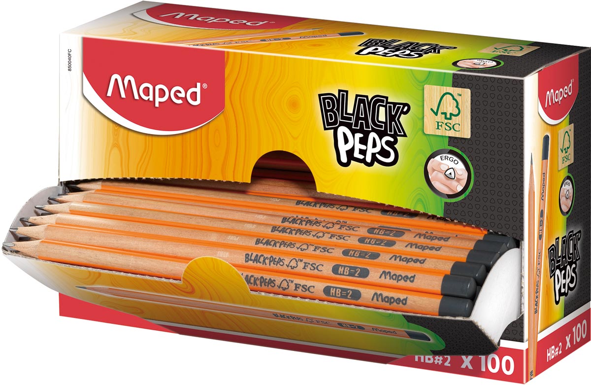 Maped potlood Black'Peps HB, zonder gum, kartonnen displaydoos van 100 stuks