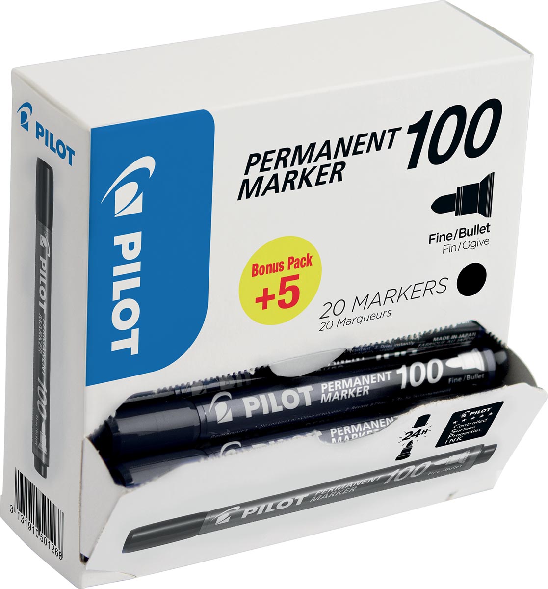 Pilot permanent marker XXL doos 15+5 stuks zwart 4.5 mm alcoholinkt waterbestendig
