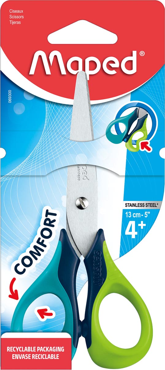 Maped schaar Sensoft, ft 13 cm, rechts, ronde punt, RVS, geassorteerde kleuren, blister van 1 stuk