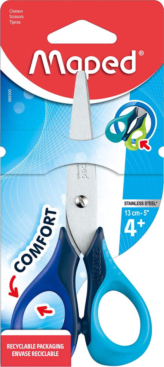 Maped schaar Sensoft, ft 13 cm, rechts, ronde punt, RVS, geassorteerde kleuren, blister van 1 stuk