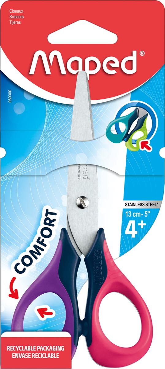 Maped schaar Sensoft, ft 13 cm, rechts, ronde punt, RVS, geassorteerde kleuren, blister van 1 stuk