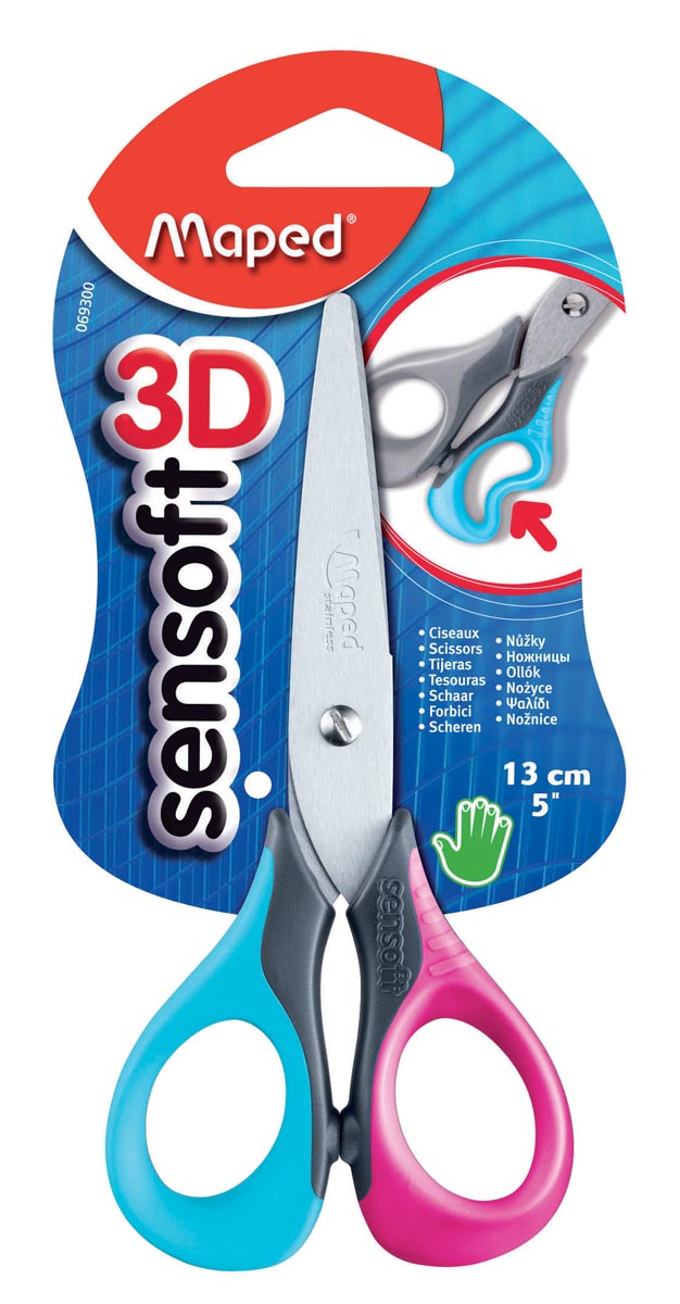 Maped schaar Sensoft, ft 13 cm, rechts, ronde punt, RVS, geassorteerde kleuren, blister van 1 stuk