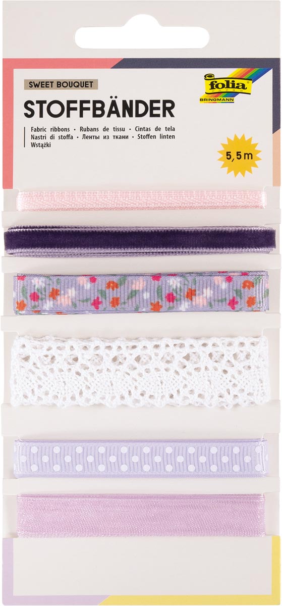 Folia stoffen linten set 6 kleuren assorti 5,5 m lengte 5 mm breed