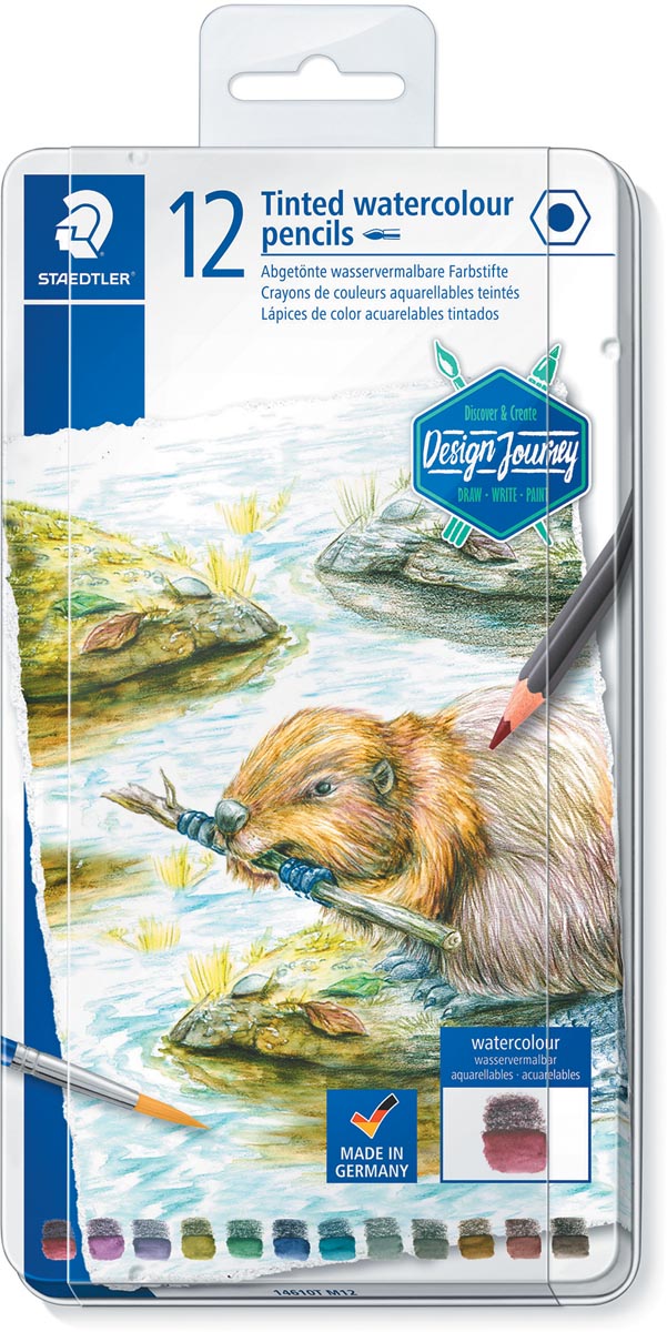 Staedtler Aquarelpotloden set 12 kleuren in metalen doos PEFC-gecertificeerd hout