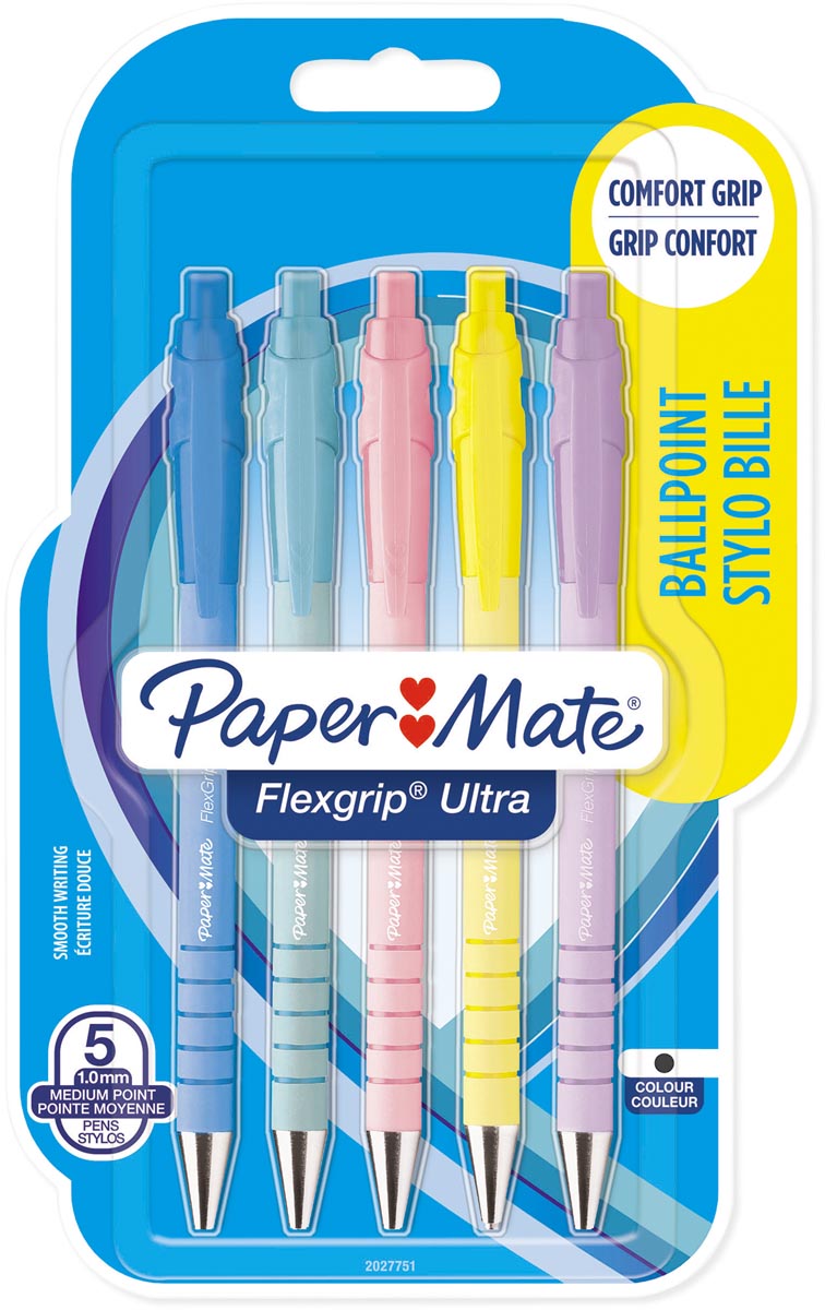 Paper Mate balpen Flexgrip Pastel RT medium 1 mm zwarte inkt assorti 5 stuks