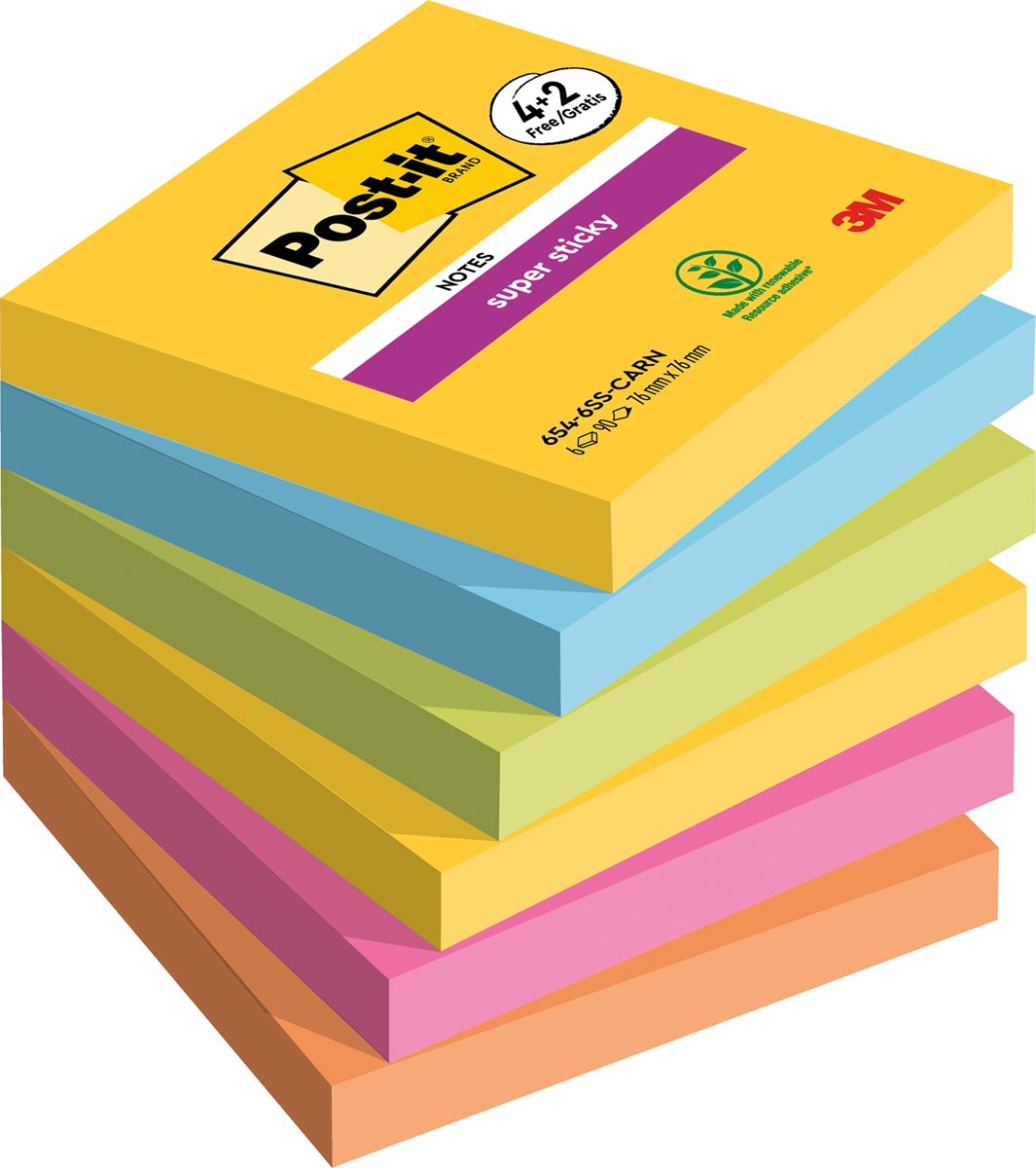 Post-it Super Sticky notes Carnival, 90 vel, ft 76 x 76 mm, 4 + 2 GRATIS