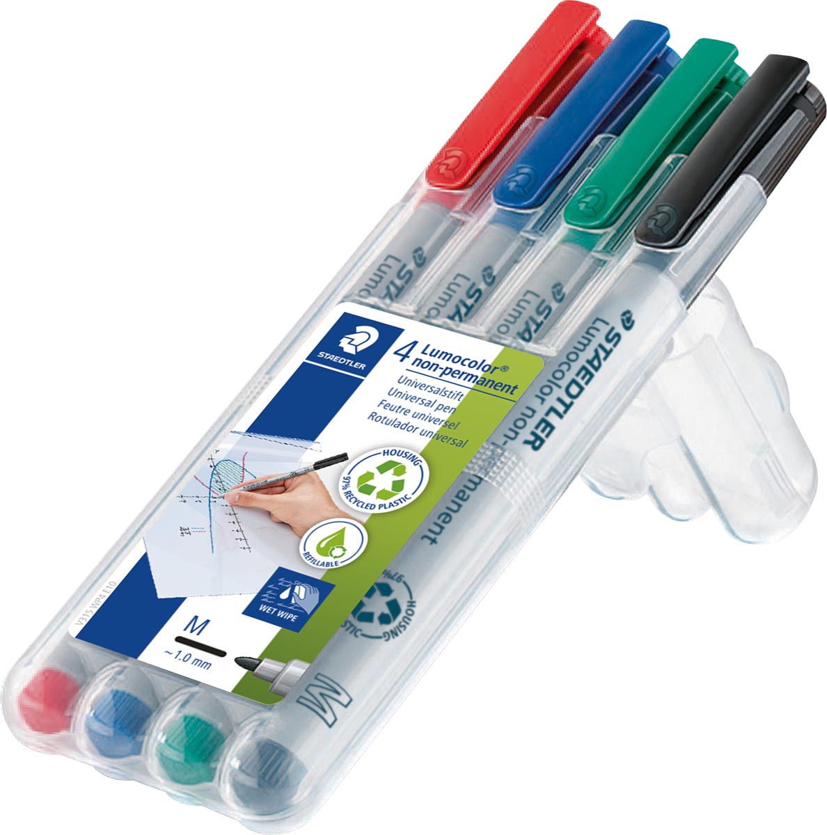 Staedtler Lumocolor 315, OHP-marker, non permanent, 1,0 mm, box van 4 stuks in geassorteerde kleuren