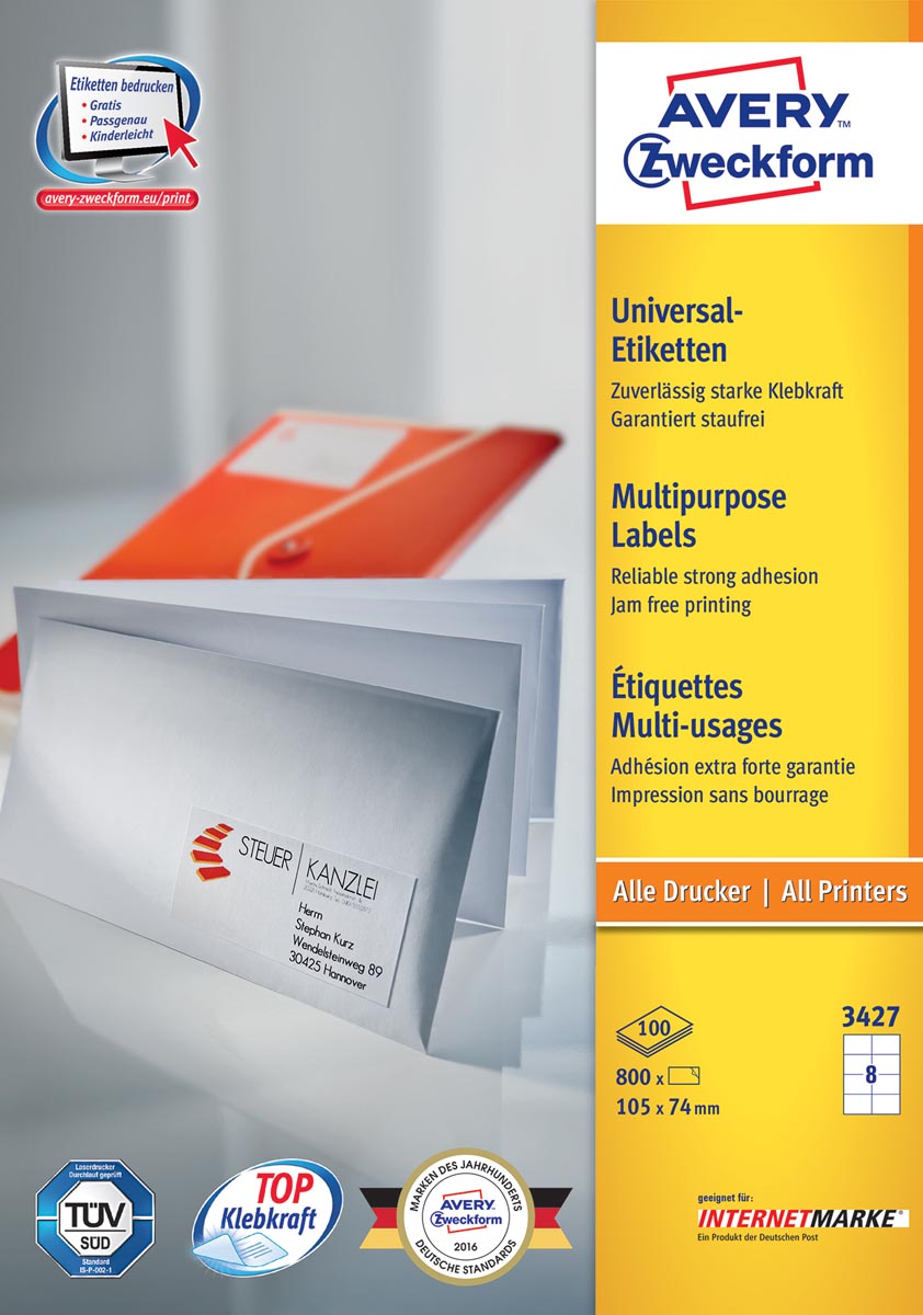 Avery Zweckform 3427, Universele etiketten, Ultragrip, wit, 100 vel, 8 per vel, 105 x 74 mm
