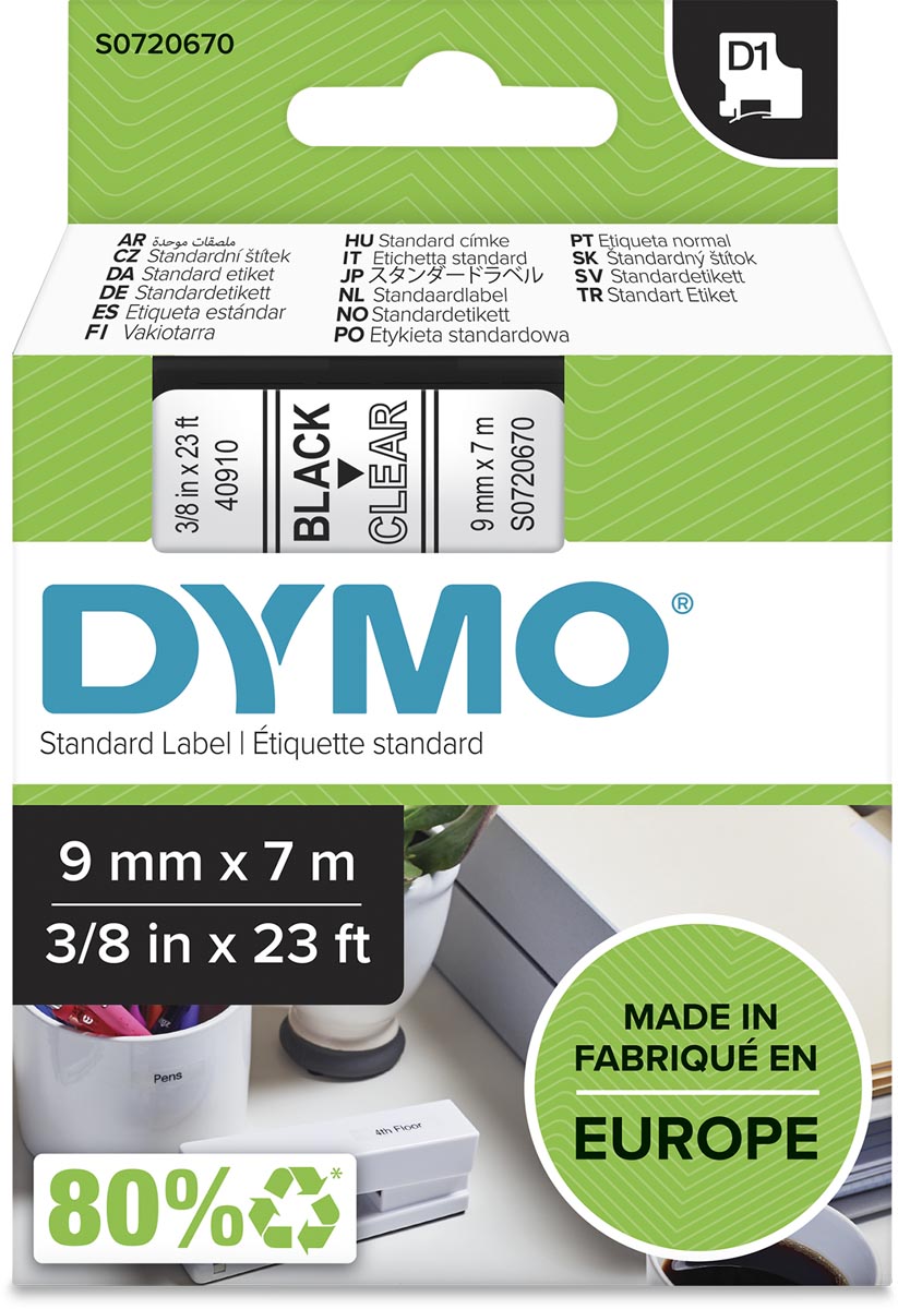 Dymo D1 tape 9 mm, zwart op transparant