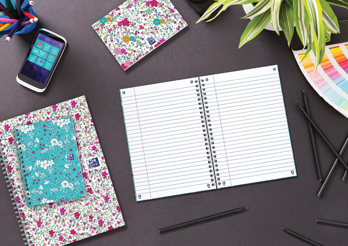Oxford Floral softcover spiraalschrift, ft B5, 60 vel, gelijnd, 3 geassorteerde designs