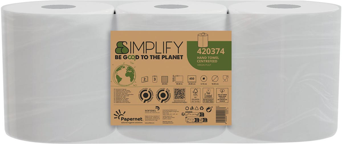 Papernet papieren handdoeken Simplify Centerfeed 2-laags wit 450 vel 3 rollen 90 m