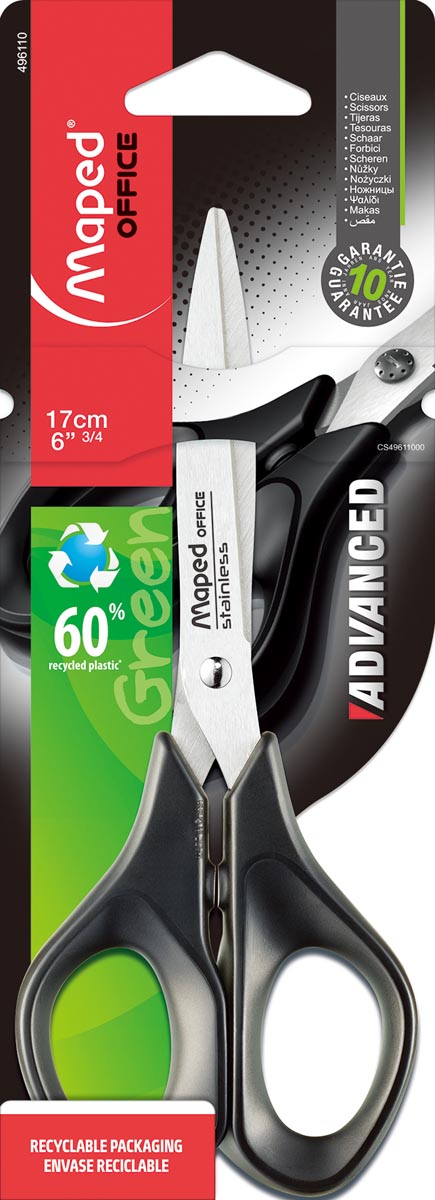 Maped schaar Advanced, ft 17 cm, rechts, scherpe punt, RVS, zwart, blister van 1 stuk