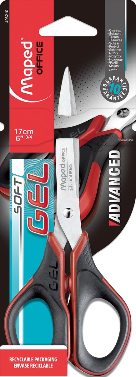 Maped schaar Advanced Softgel, ft 17 cm, rechts, scherpe punt, RVS, zwart/rood, blister van 1 stuk