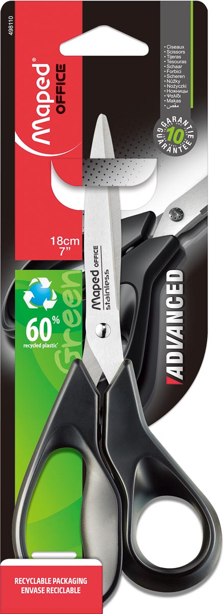 Maped schaar Advanced, ft 18 cm, rechts, scherpe punt, RVS, zwart, blister van 1 stuk