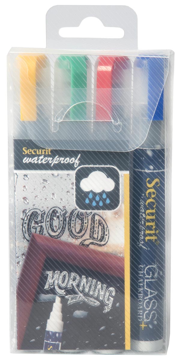 Securit Waterproof krijtmarker 2 mm puntdikte blister 4 stuks geassorteerde kleuren