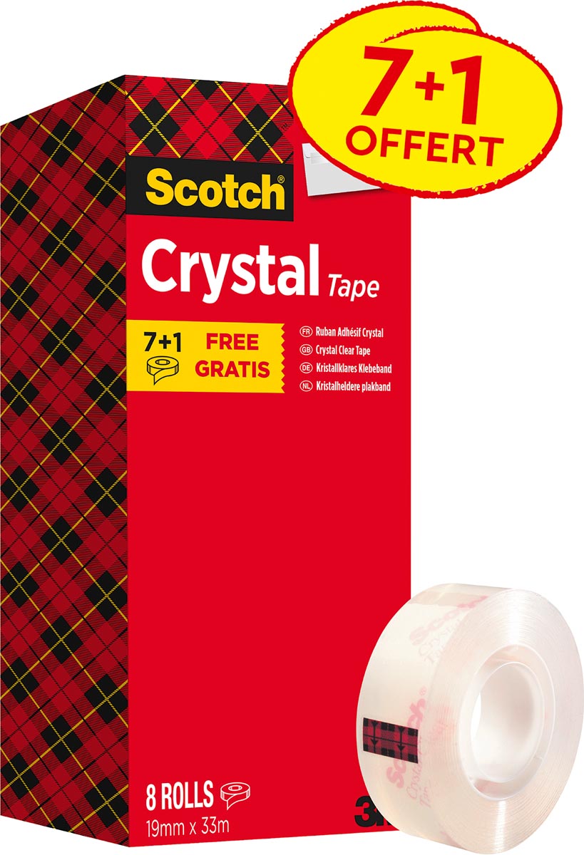 Scotch Crysal Tape Plakband Transparant 19 mm x 33 m 8 Rollen Value Pack