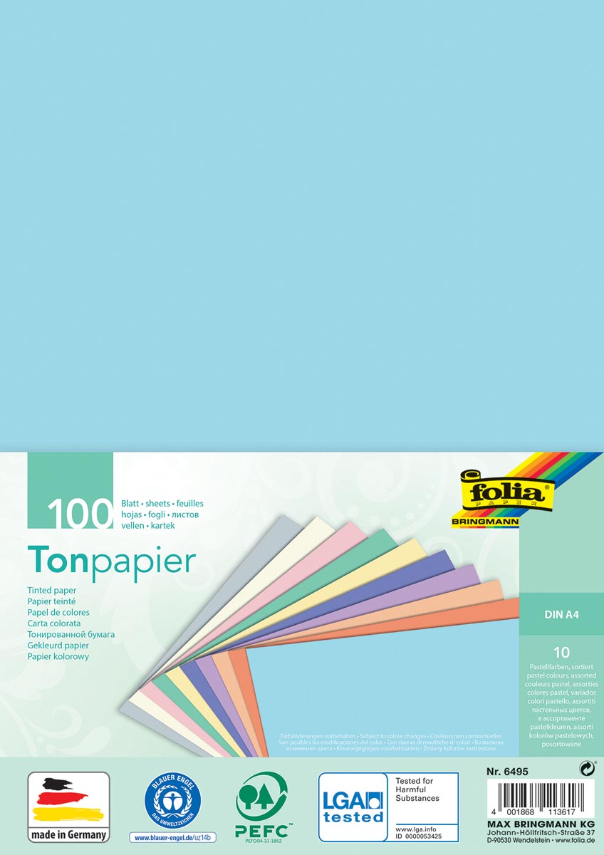 Folia gekleurd tekenpapier, 130 g, ft 21 x 29,7 cm, A4, geassorteerde kleuren, pastel, pak van 100 vel