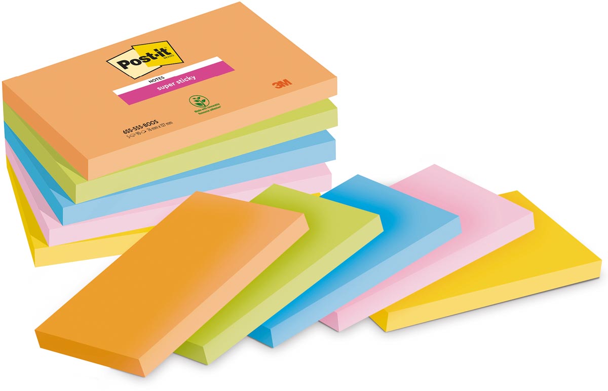 Post-it Super Sticky notes Boost, 90 vel, ft 76 x 127 mm, geassorteerde kleuren, pak van 5 blokken