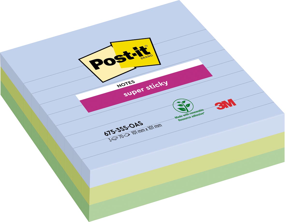 Post-it Super Sticky notes XL Oasis, 70 vel, ft 101 x 101 mm, gelijnd, assorti, pak van 3 blokken