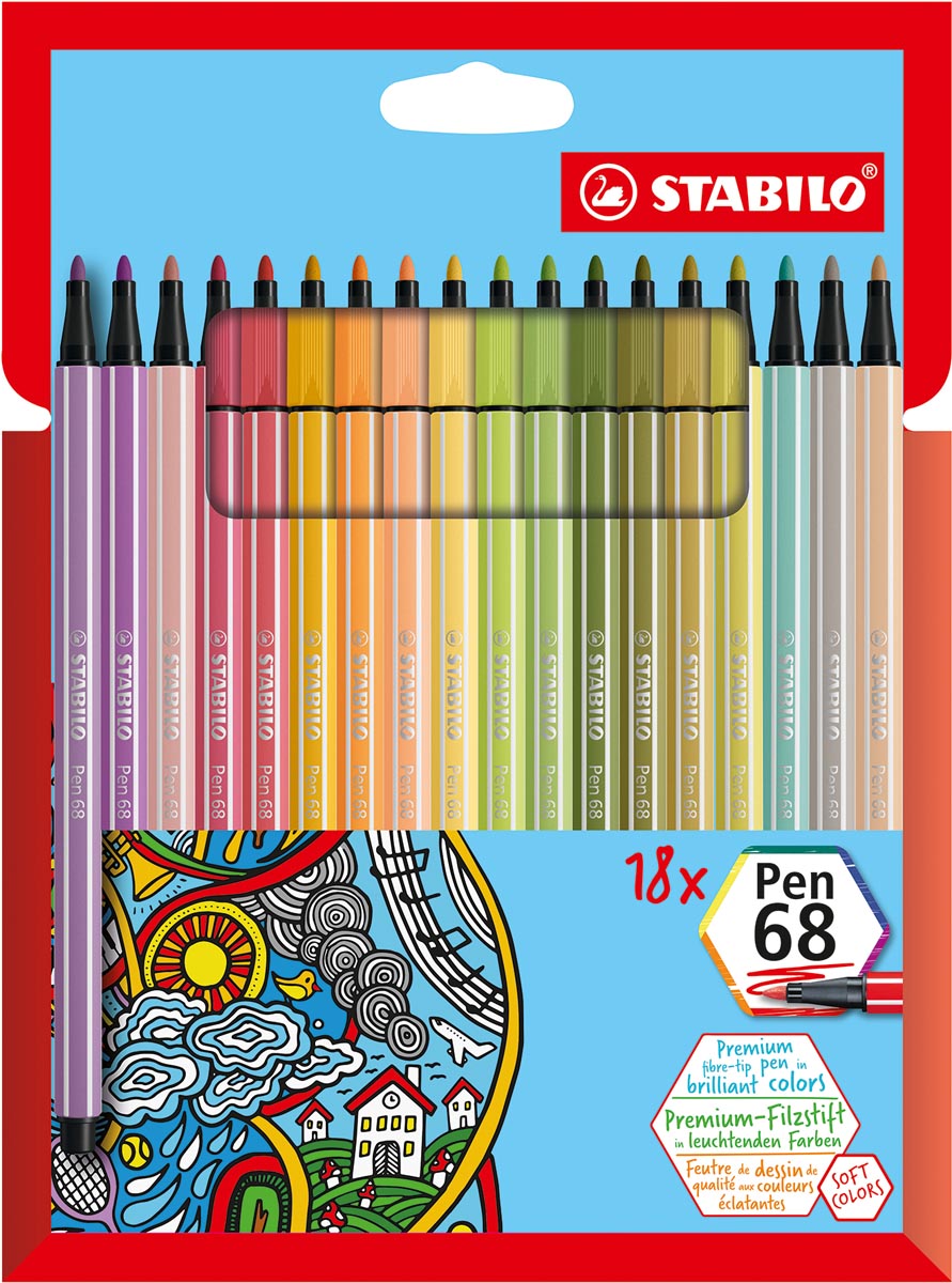 STABILO Pen 68 Viltstift 18 stuks Geassorteerde zachte kleuren Kartonnen etui