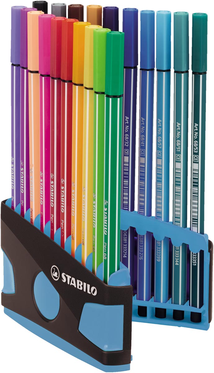STABILO Pen 68, ColorParade, blauw-grijze doos, 20 stuks in geassorteerde kleuren