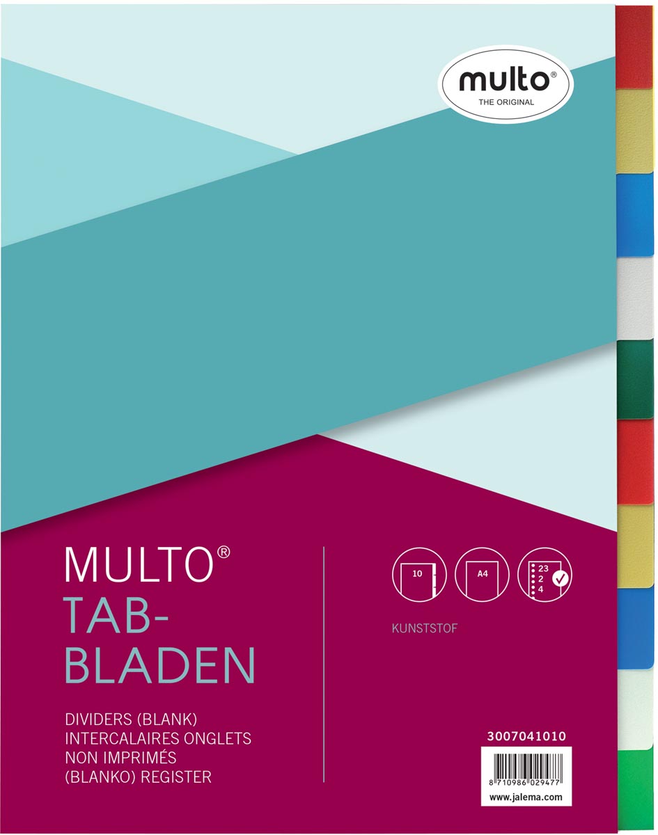 Multo Tabbladen A4 23-gaatsperforatie PP Materiaal Geassorteerde Kleuren 10-delig