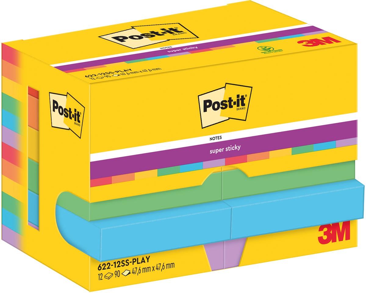 Post-it Super Sticky Memoblokken Playful 90 vel 47,6 x 47,6 mm Geassorteerde kleuren Pak van 12