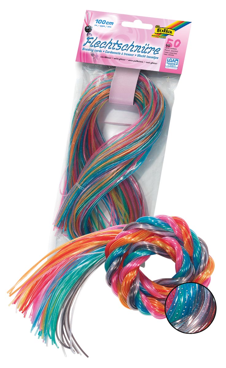 Folia scoubidou draad met glitter 50 draden 10 geassorteerde kleuren 1 m lengte 1,8 mm dikte