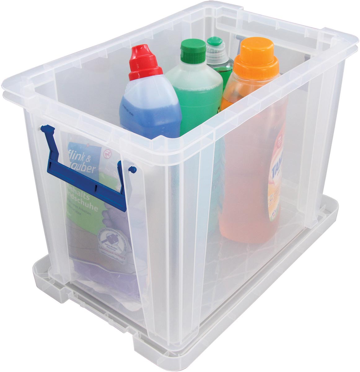 Bankers Box opbergdoos 26 liter, transparant met blauwe handvaten, per stuk verpakt in karton