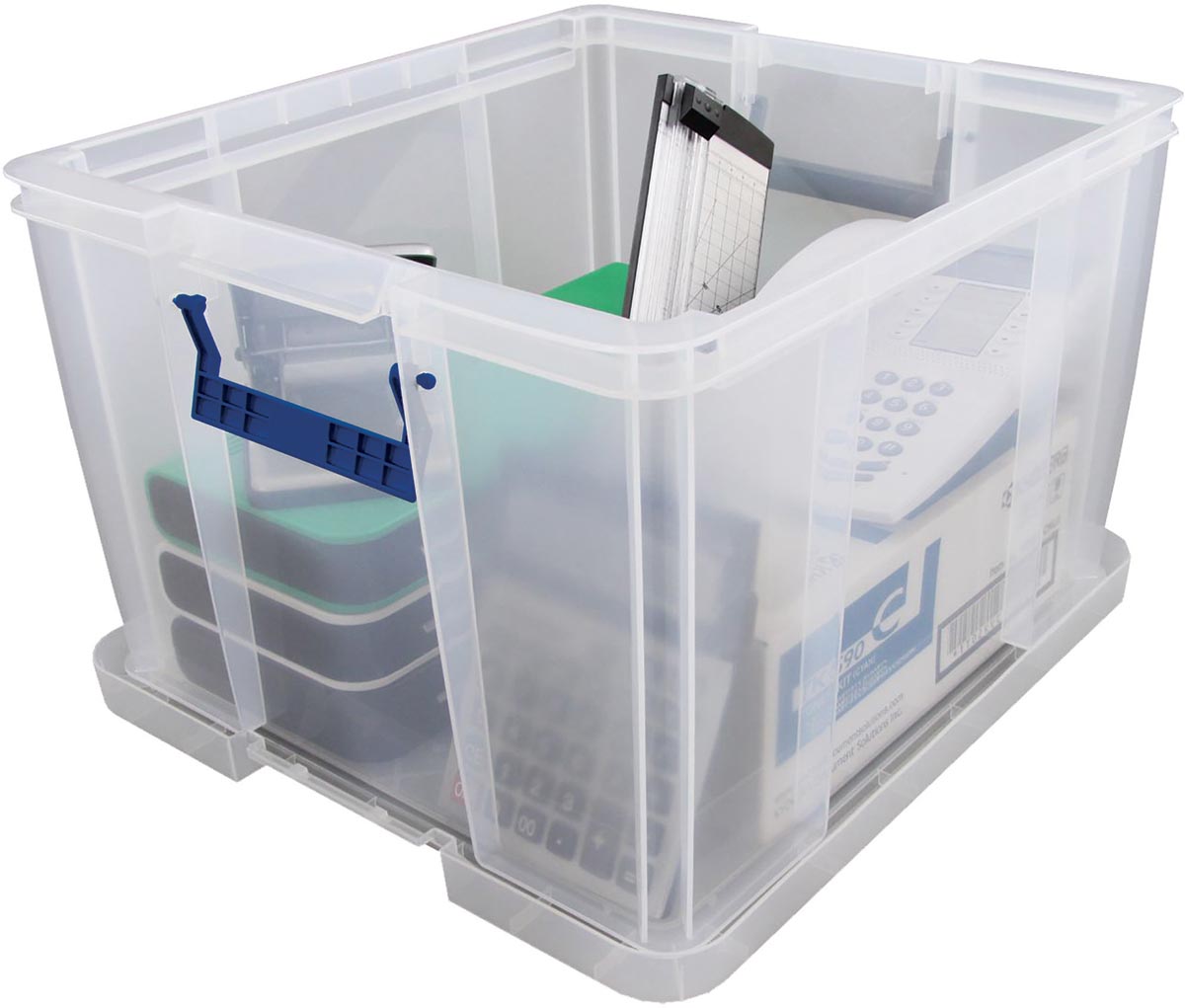 Bankers Box opbergdoos 48 liter, transparant met blauwe handvaten, per stuk verpakt in karton