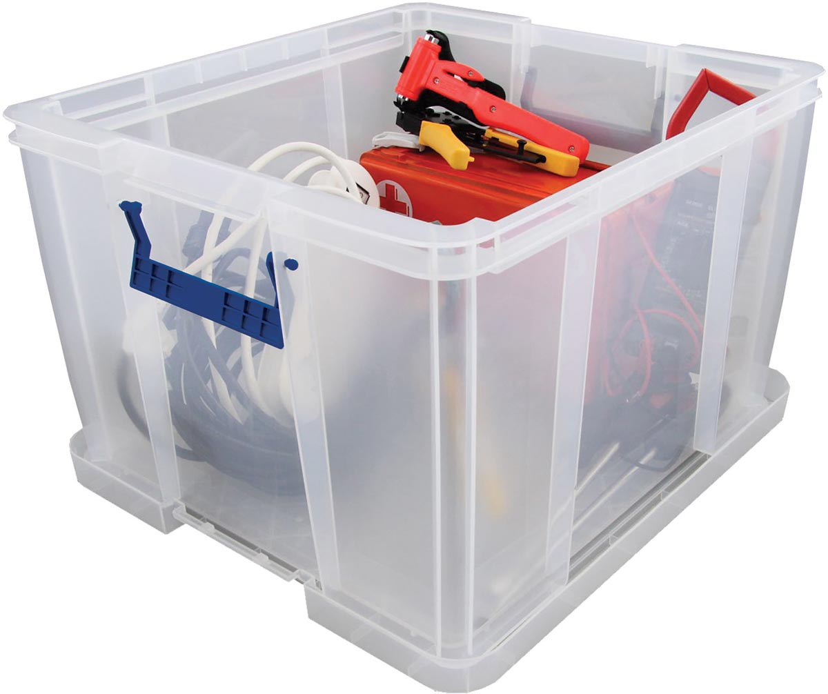 Bankers Box opbergdoos 48 liter, transparant met blauwe handvaten, per stuk verpakt in karton