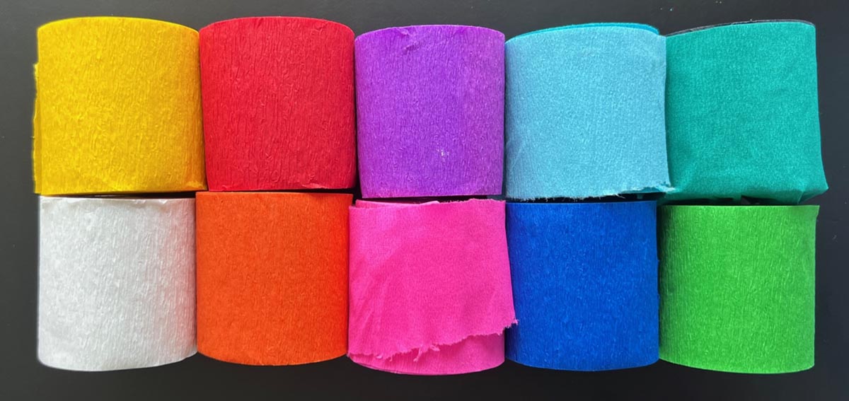 Folia crêpepapier, ft 100 x 5 cm, op rol,  geassorteerde kleuren, pak van 10 stuks