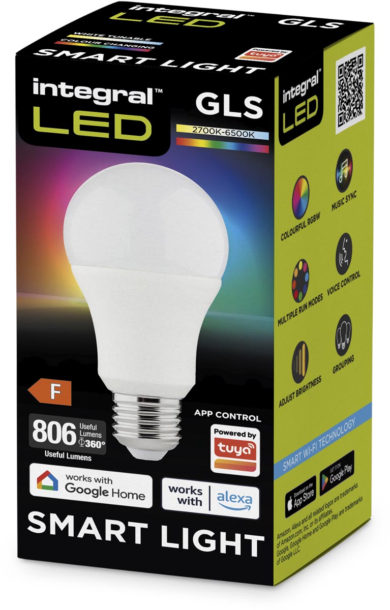 Integral Smart LED lamp E27, RGBW 2.700 - 6.500K, 8,5 W, 806 lumen
