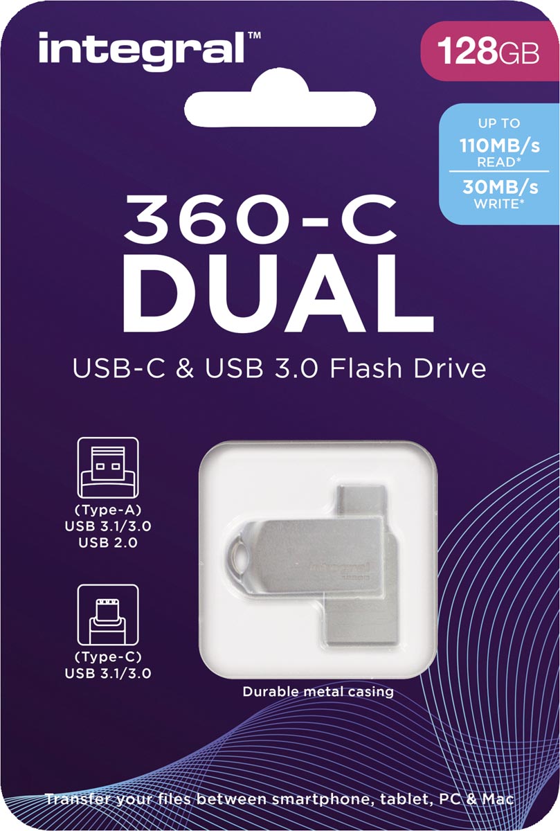 Integral 360-C Dual USB-C & USB 3.0 USB-stick 128 GB wit