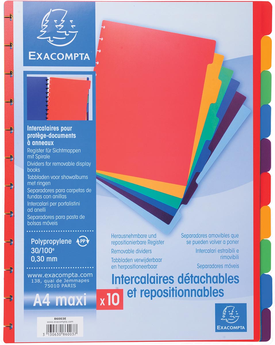 Exacompta uitneembare tabbladen A4 gekleurd PP 10 tabs 250x307 mm