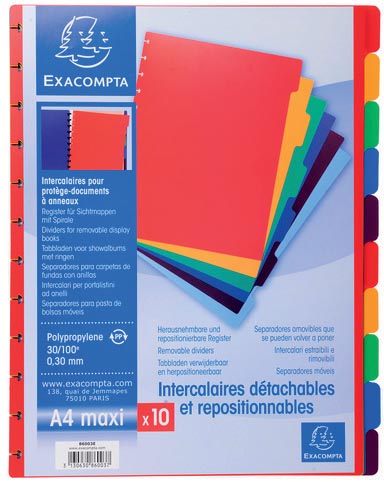 Exacompta uitneembare tabbladen A4 gekleurd PP 10 tabs 250x307 mm