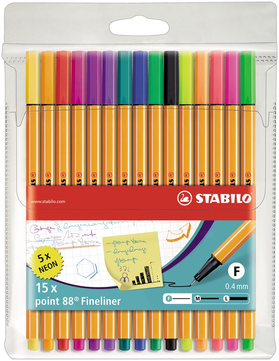 STABILO point 88 fineliner set 15 stuks geassorteerde kleuren 0.4 mm puntdikte