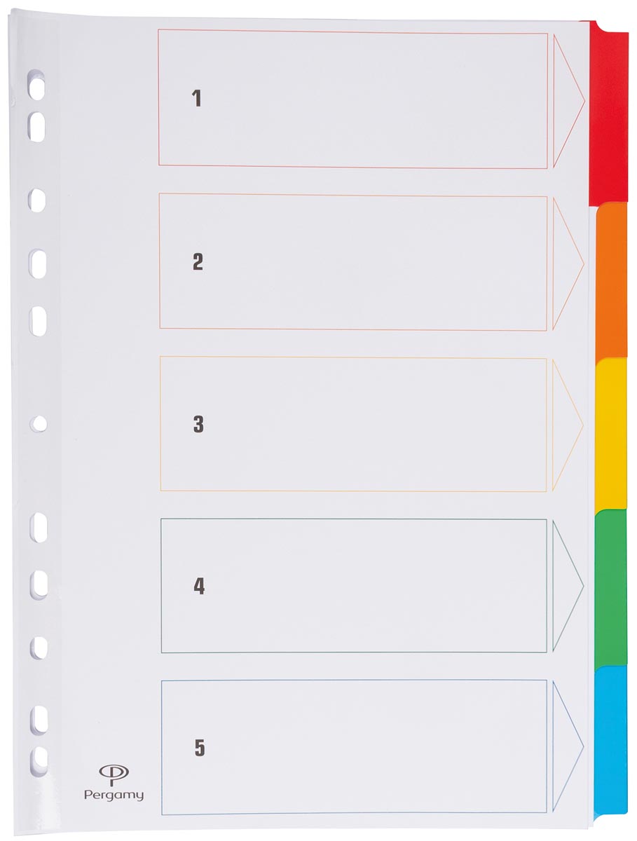 Pergamy tabbladen A4 wit karton 5 tabs geassorteerde kleuren 11-gaats perforatie