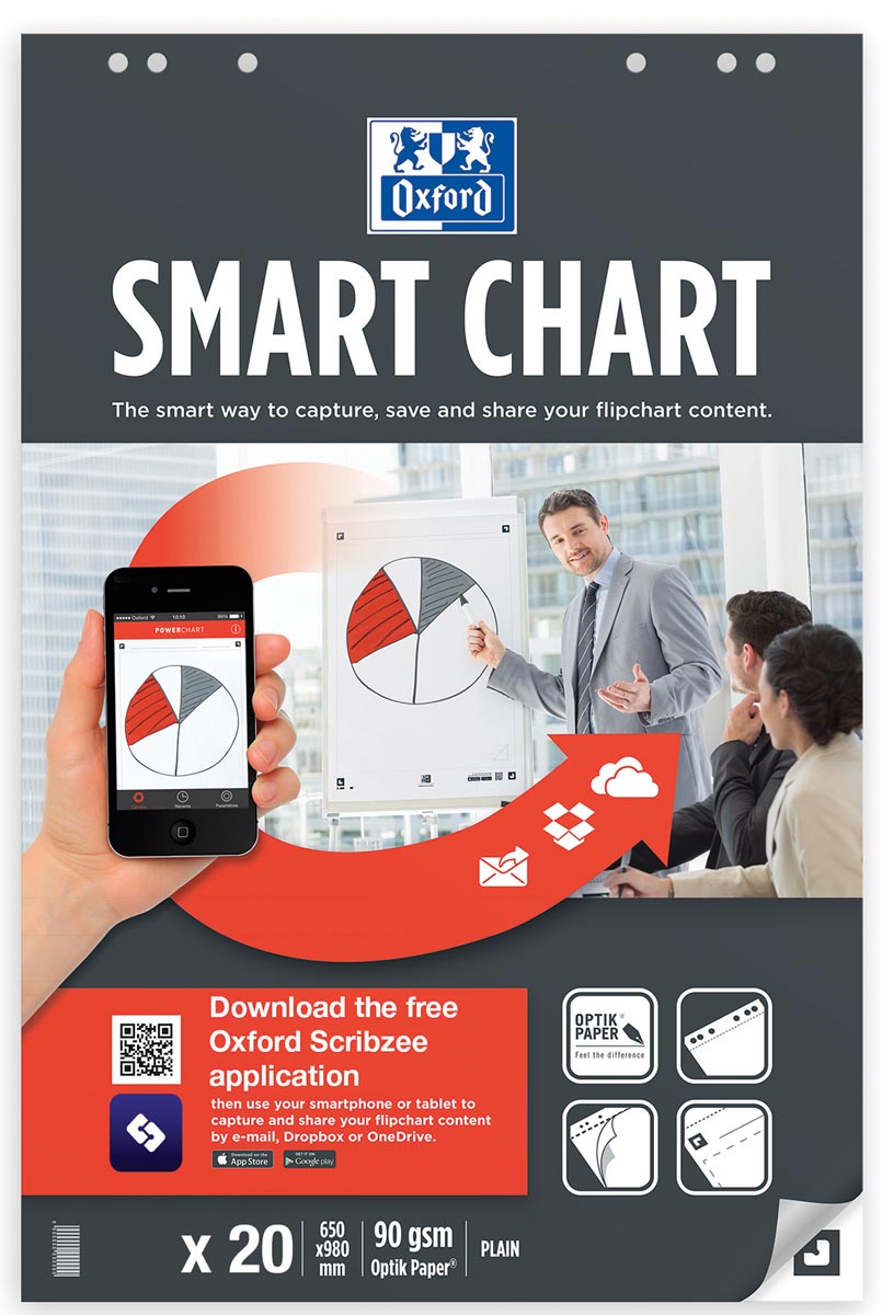 Oxford flipchartblok Smart Chart blanco 65 x 98 cm pak van 20 vel Optik Paper