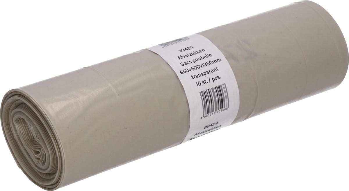 Deiss vuilniszak LDPE transparant 65+50 x 135 cm rol van 10 stuks ecologisch 80% gerecycled