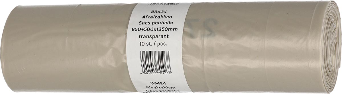 Deiss vuilniszak LDPE transparant 65+50 x 135 cm rol van 10 stuks ecologisch 80% gerecycled