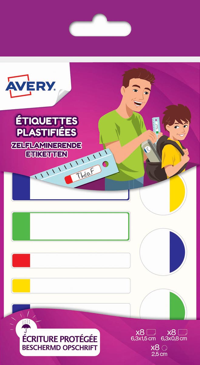 Avery Family gelamineerde etiketten, etui met 24 etiketten, geassorteerde formaten en standaard kleuren