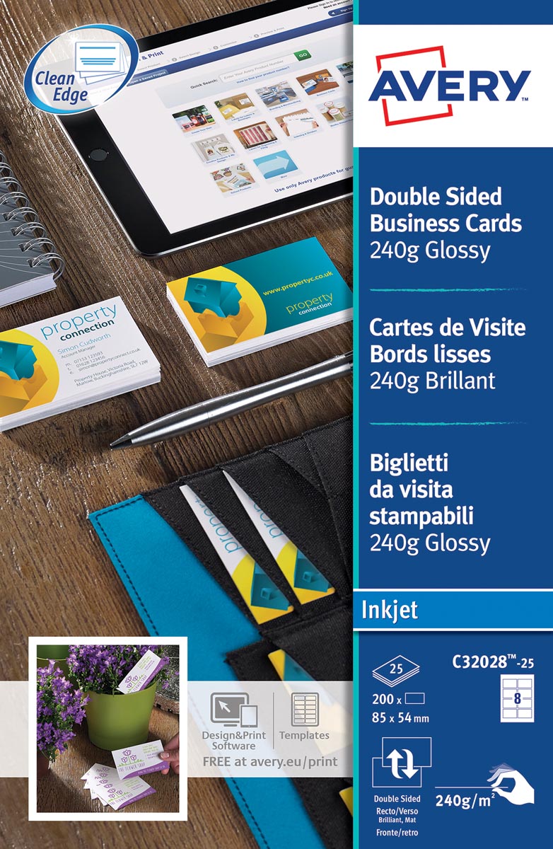 Avery visitekaarten voor inkjet Quick&Clean glanzend wit 200 stuks 85 x 54 mm 250 g/m²