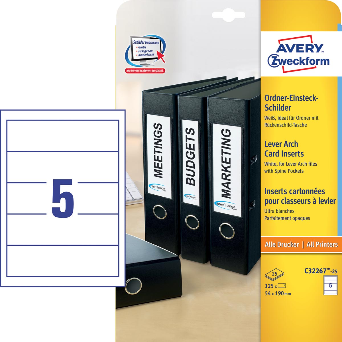 Zweck Printbare insteekkaarten voor ordnerrug ft 5,4 x 19 cm, rug van 8 cm, 125 stuks