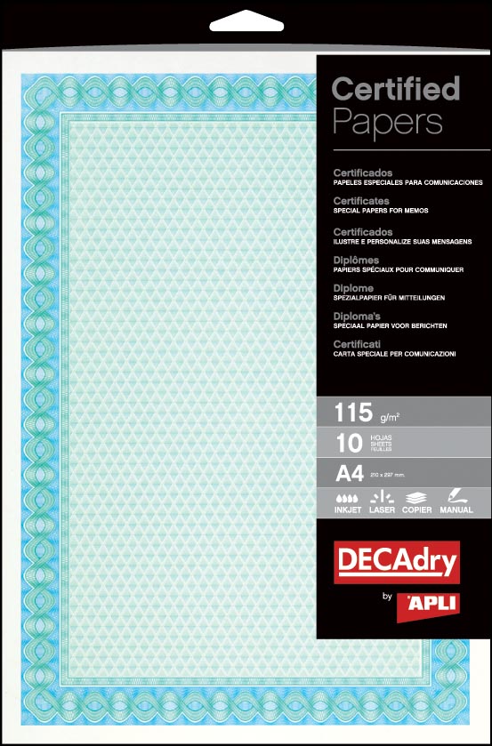 Decadry certificaten papier met 25% katoen A4 formaat 115 g/m² spiraal blauw/turkoois pak van 70 vel